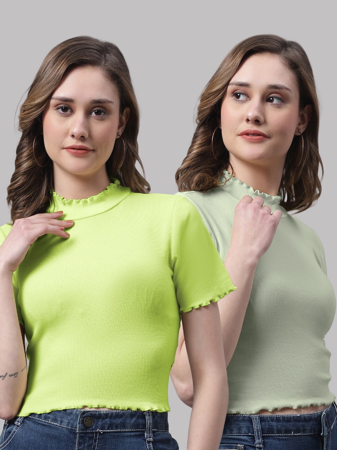 

FBAR Pack of 2 Cotton Fitted Crop Tops, Green