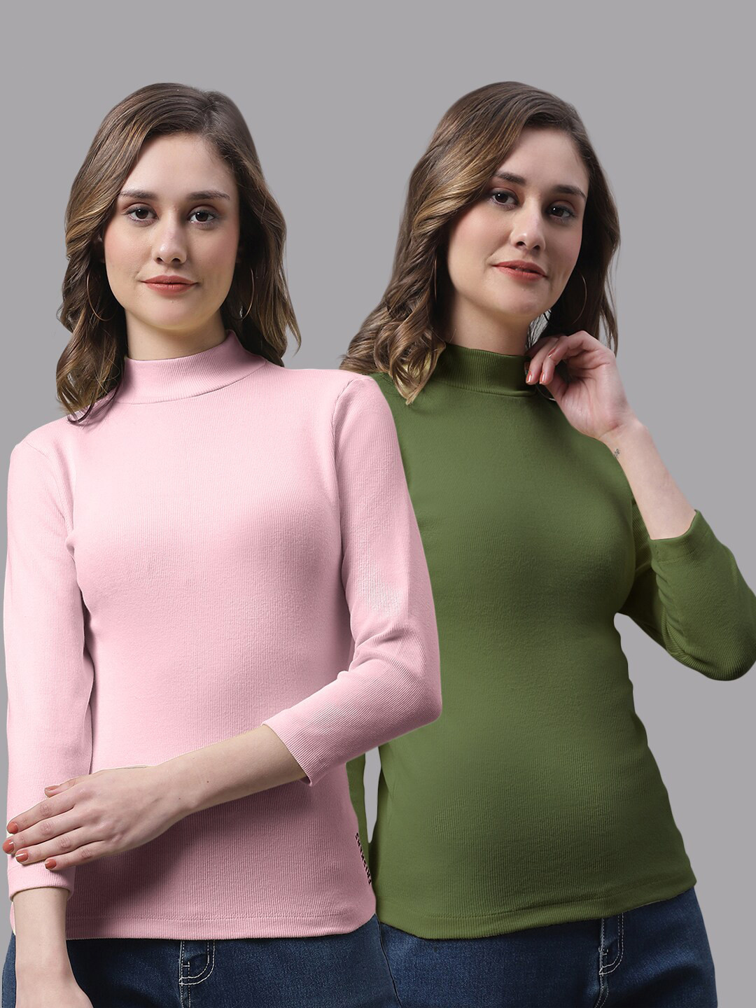 

FBAR Pack Of 2 Purple High Neck Fitted Cotton Tops, Pink
