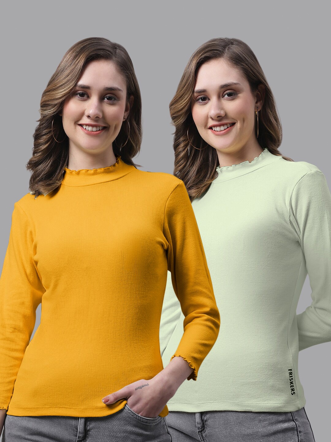 

FBAR Pack Of 2 High Neck Ribbed Fitted Skin Friendly Pure Cotton Tops, Yellow