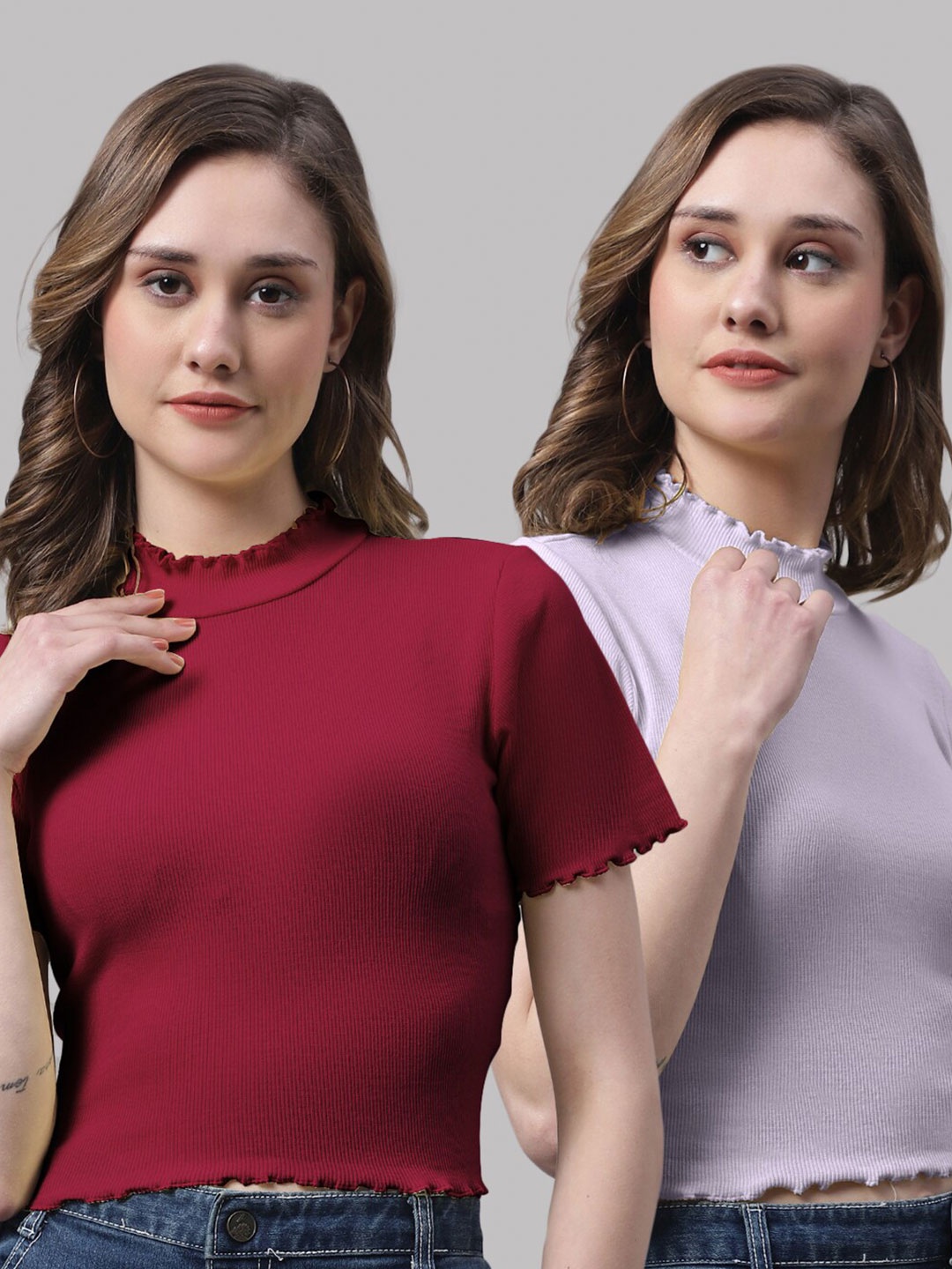 

FBAR Pack Of 2 High Neck Bio-Wash Cotton Tops, Maroon