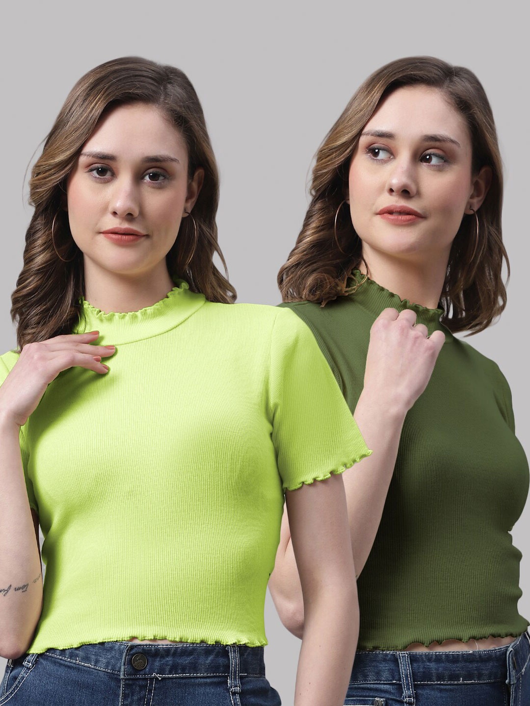

FBAR Pack Of 2 High Neck Ribbed Fitted Skin Friendly Pure Cotton Crop Tops, Green