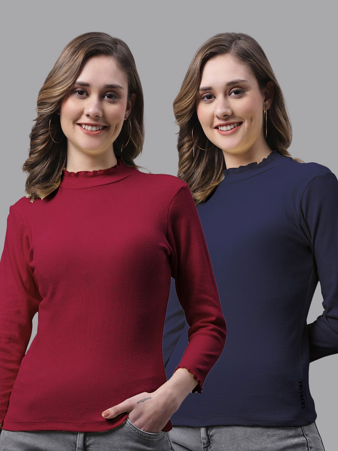 

FBAR Pack Of 2 High Neck Bio-Wash Pure Cotton Top, Maroon