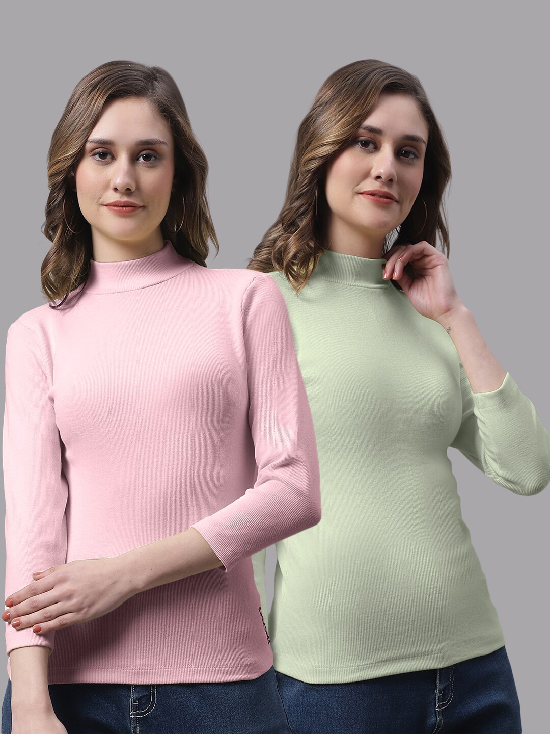FBAR Pack Of 2 High Neck Knitted Cotton Fitted Tops, Pink