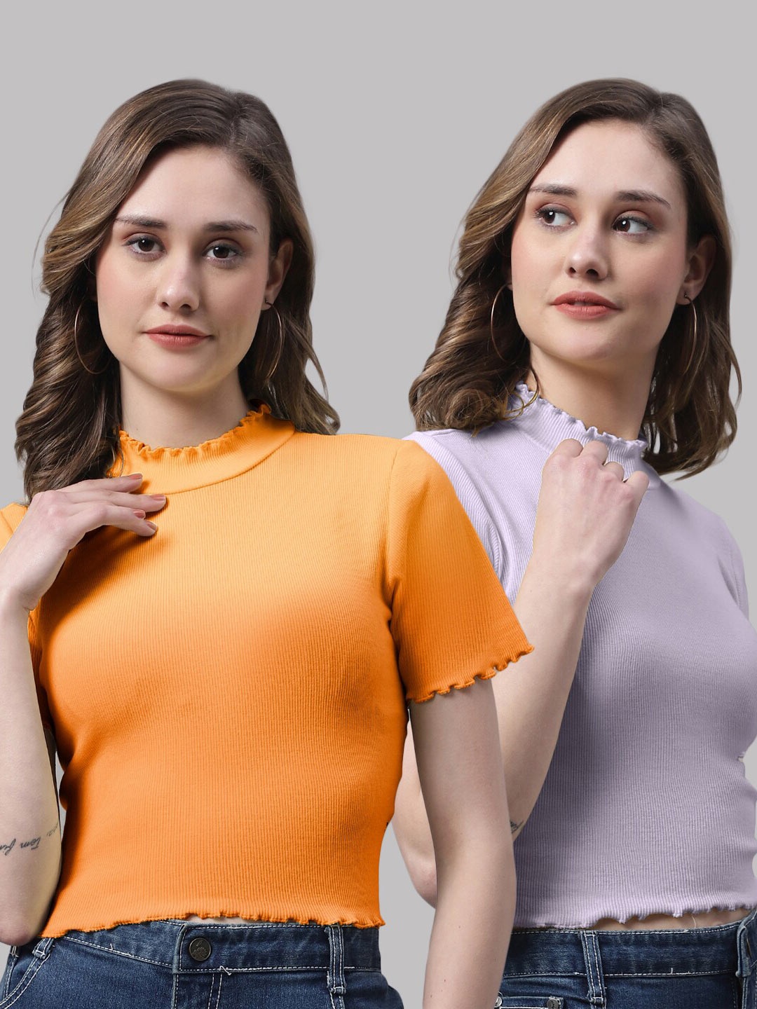 

FBAR Pack Of 2 High Neck Fitted Cotton Crop Tops, Orange