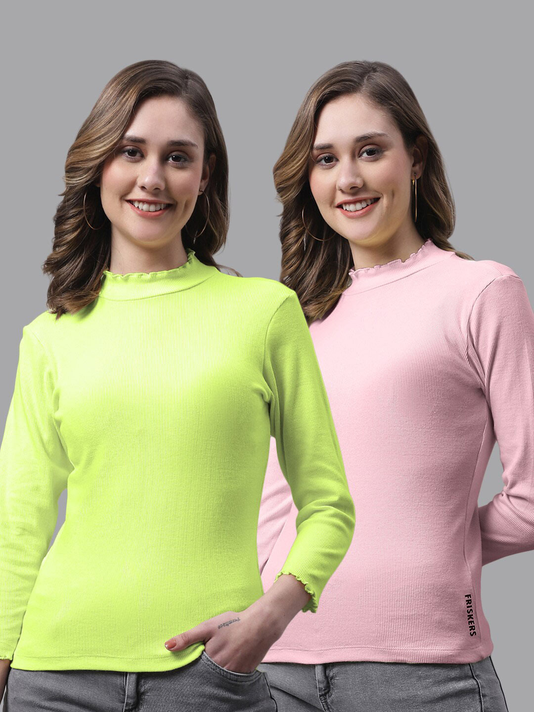 

FBAR Pack Of 2 High Neck Bio-Wash Cotton Tops, Lime green