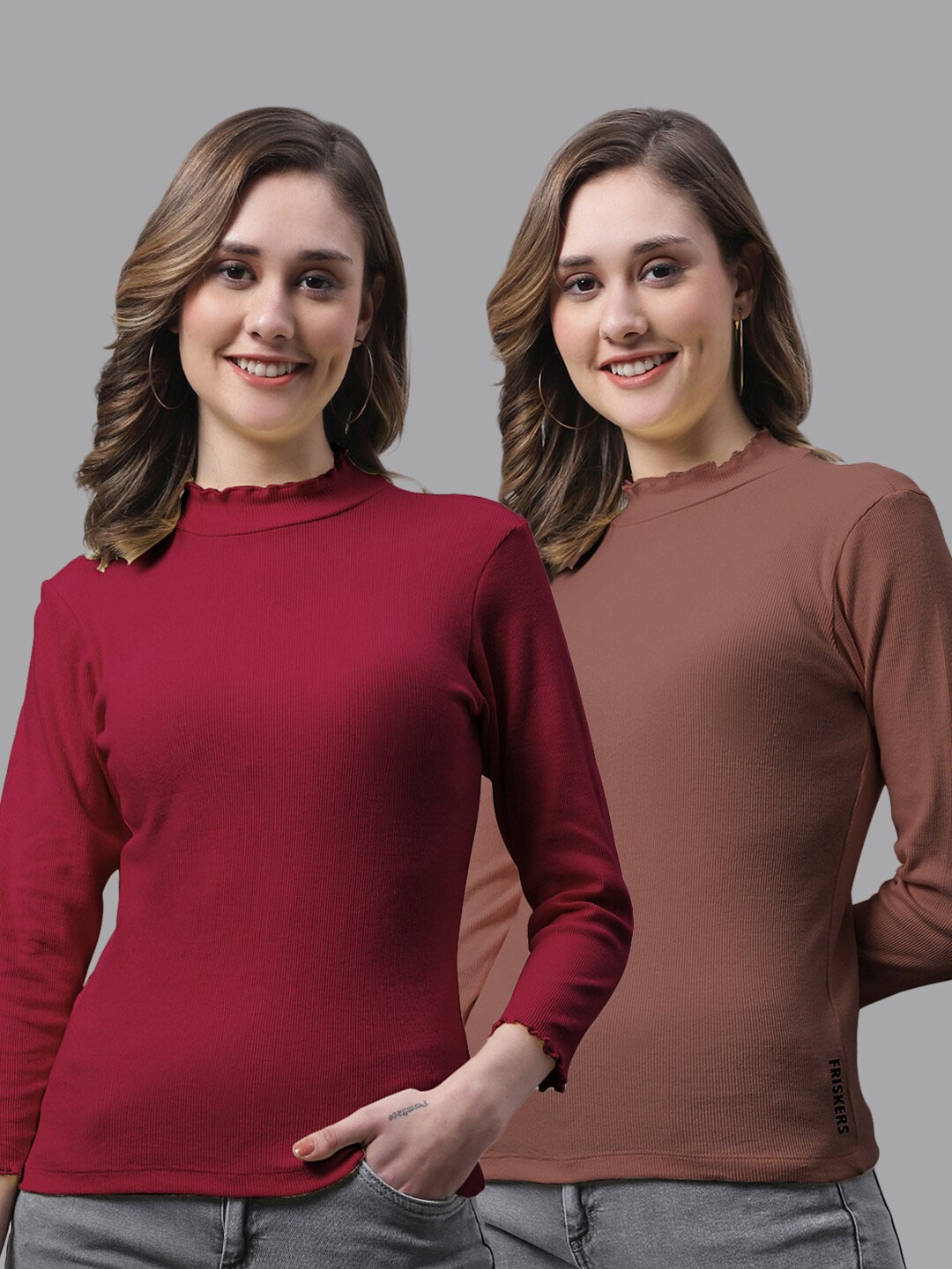 

FBAR Pack Of 2 High Neck Fitted Cotton Tops, Maroon