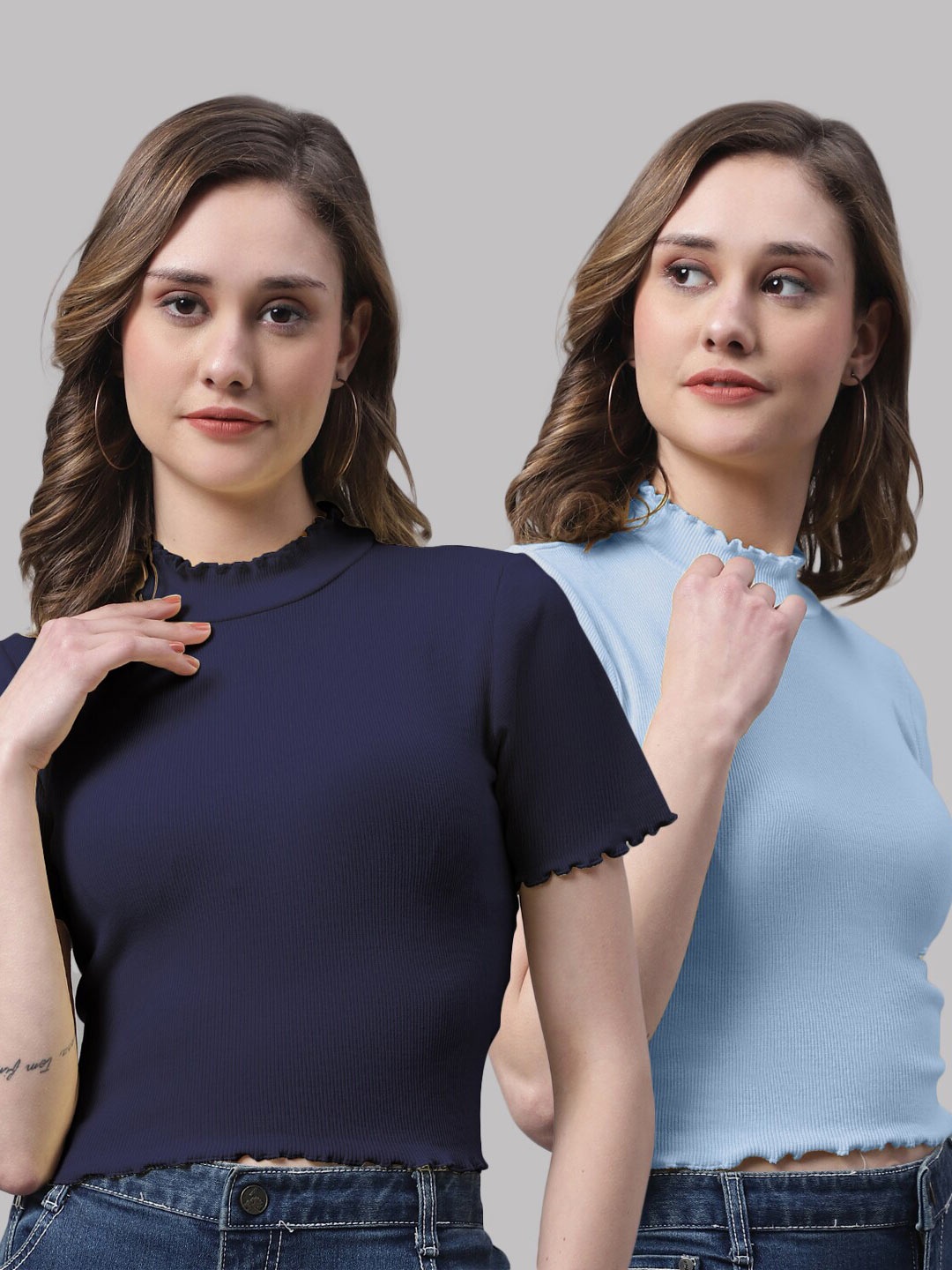 

FBAR Pack Of 2 High Neck Ribbed Bio-Wash Cotton Tops, Navy blue