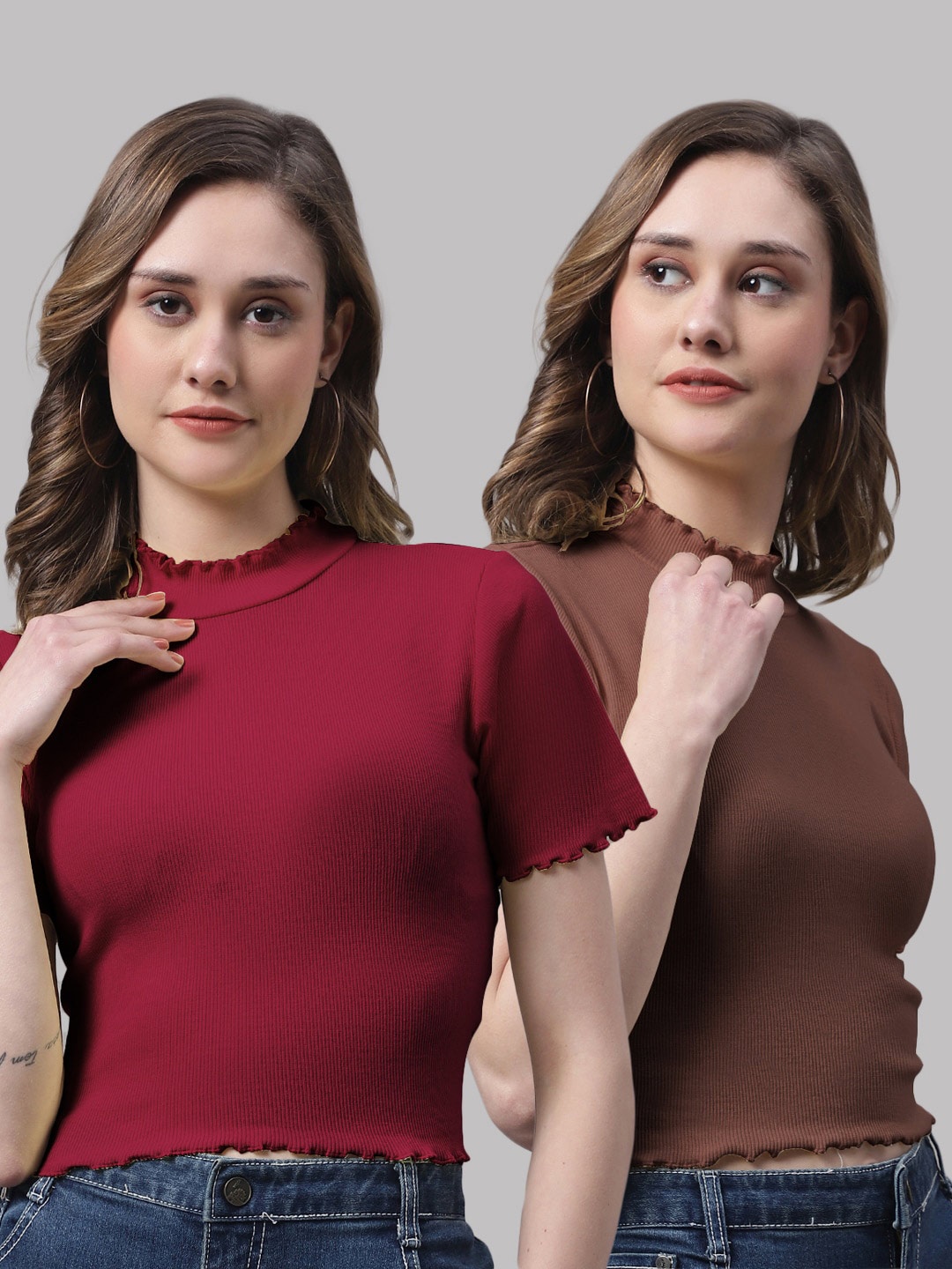 

FBAR Pack Of 2 High Neck Cotton Top, Maroon