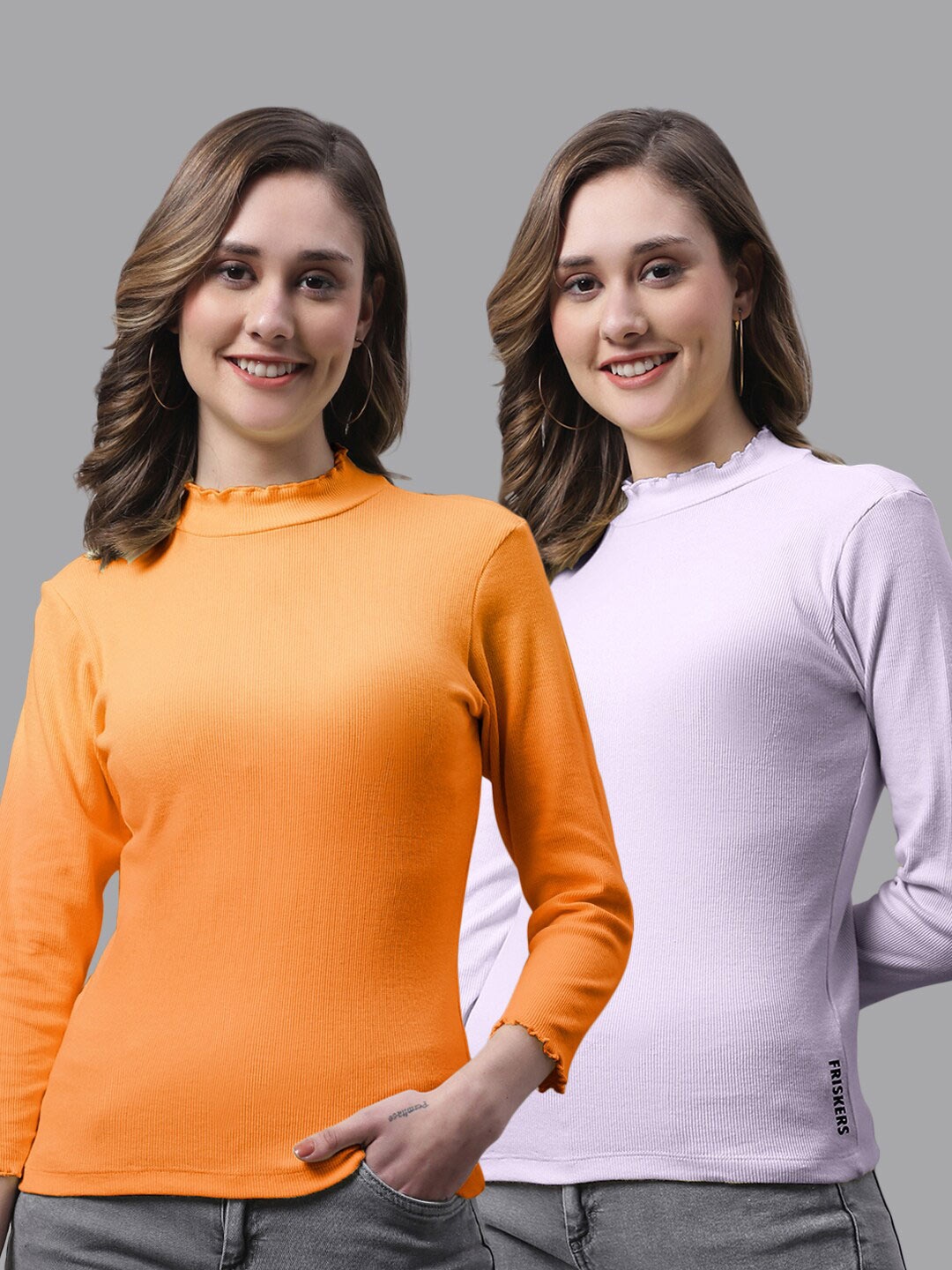 

FBAR Pack Of 2 Ribbed High Neck Bio-Wash Cotton Top, Orange