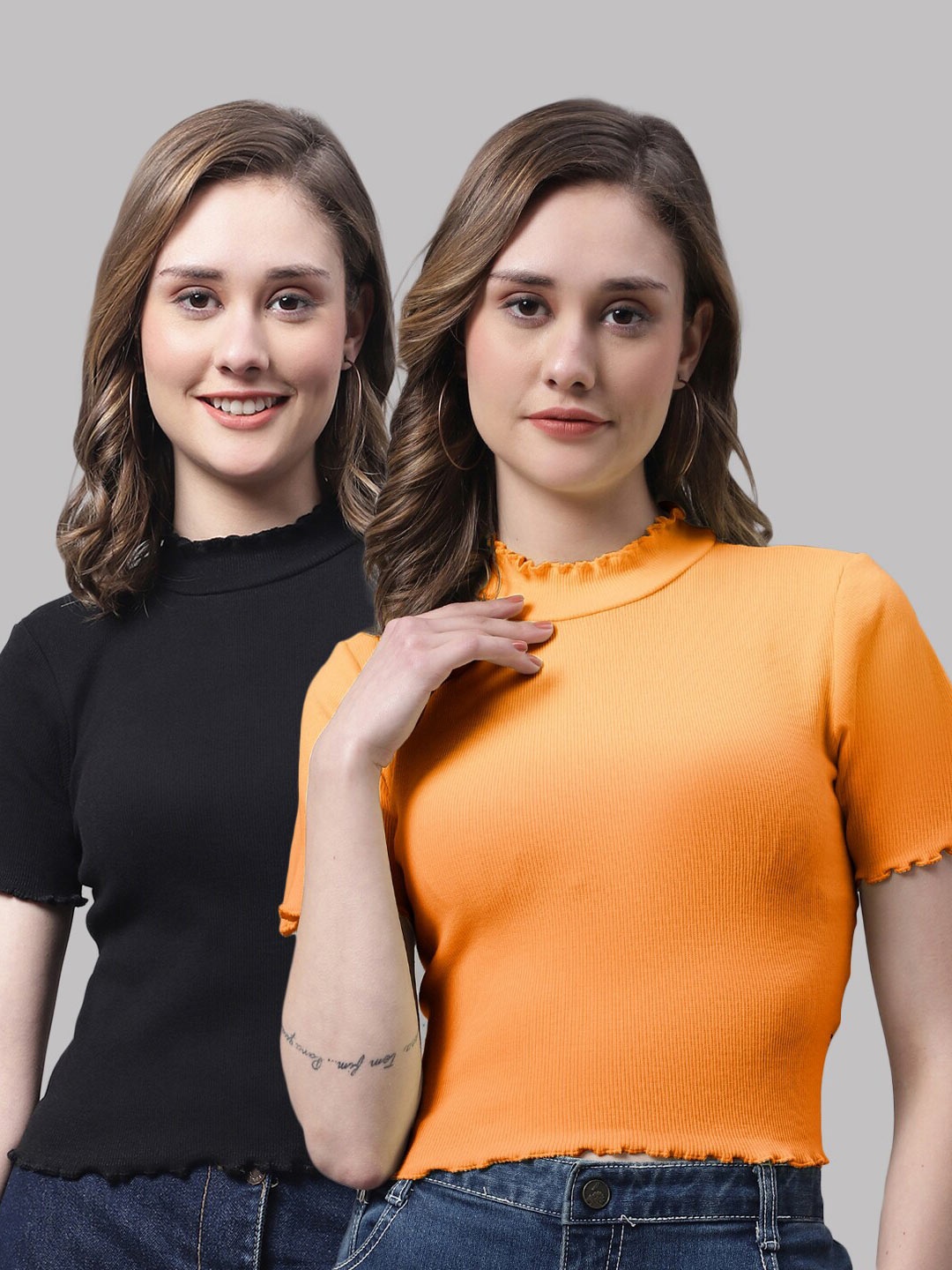 

FBAR Pack of 2 Cotton Fitted Crop Tops, Black