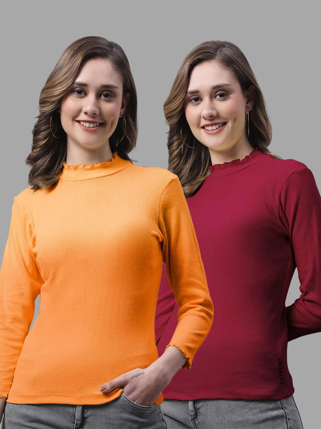 

FBAR Pack Of 2 High Neck Cotton Fitted Top, Orange