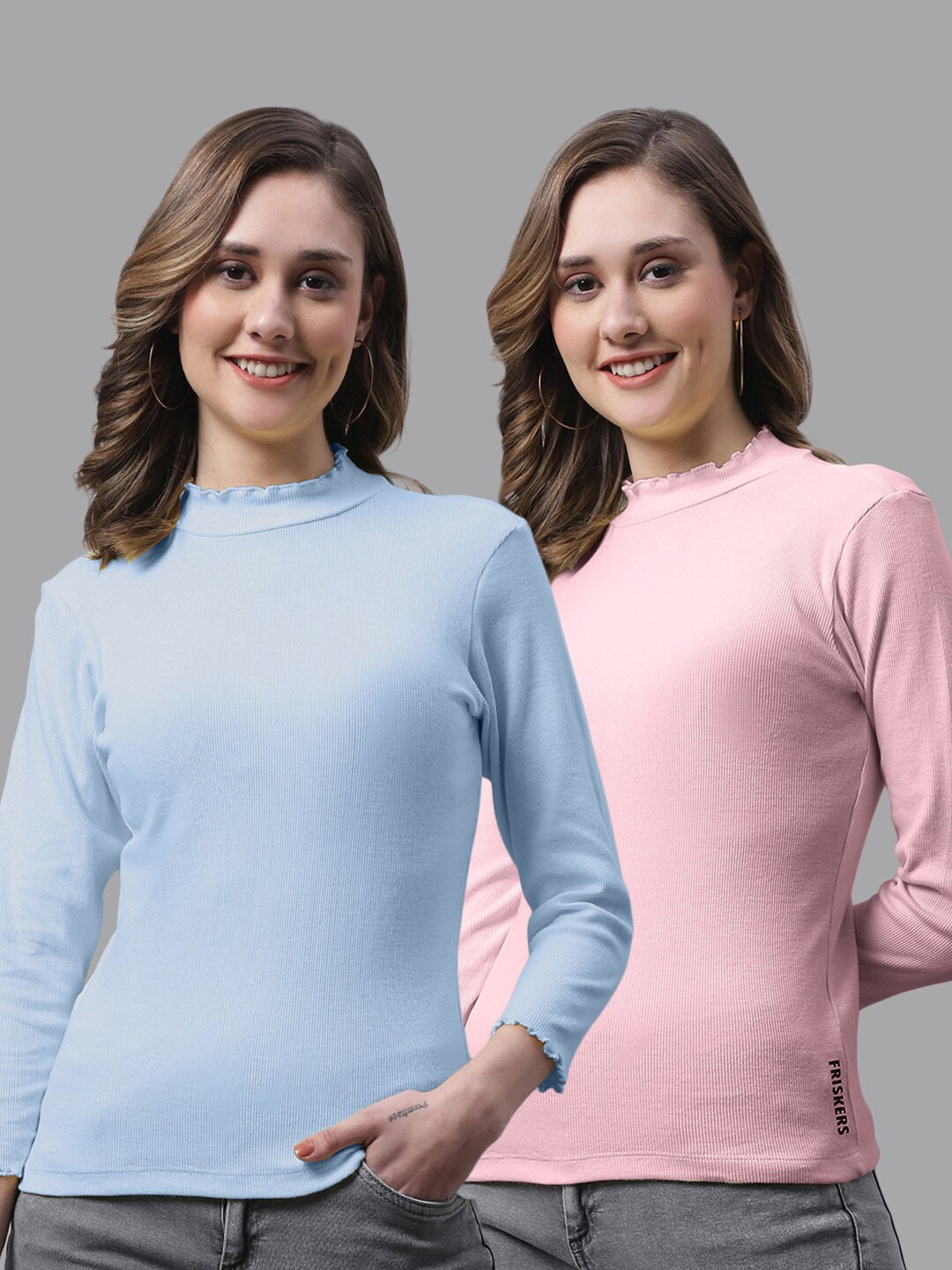 

FBAR Pack Of 2 High Neck Cotton Fitted Top, Turquoise blue