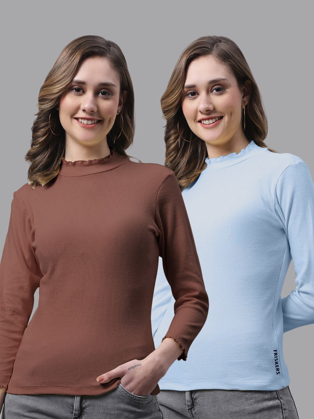 

FBAR Pack Of 2 High Neck Bio-Wash Pure Cotton Top, Brown