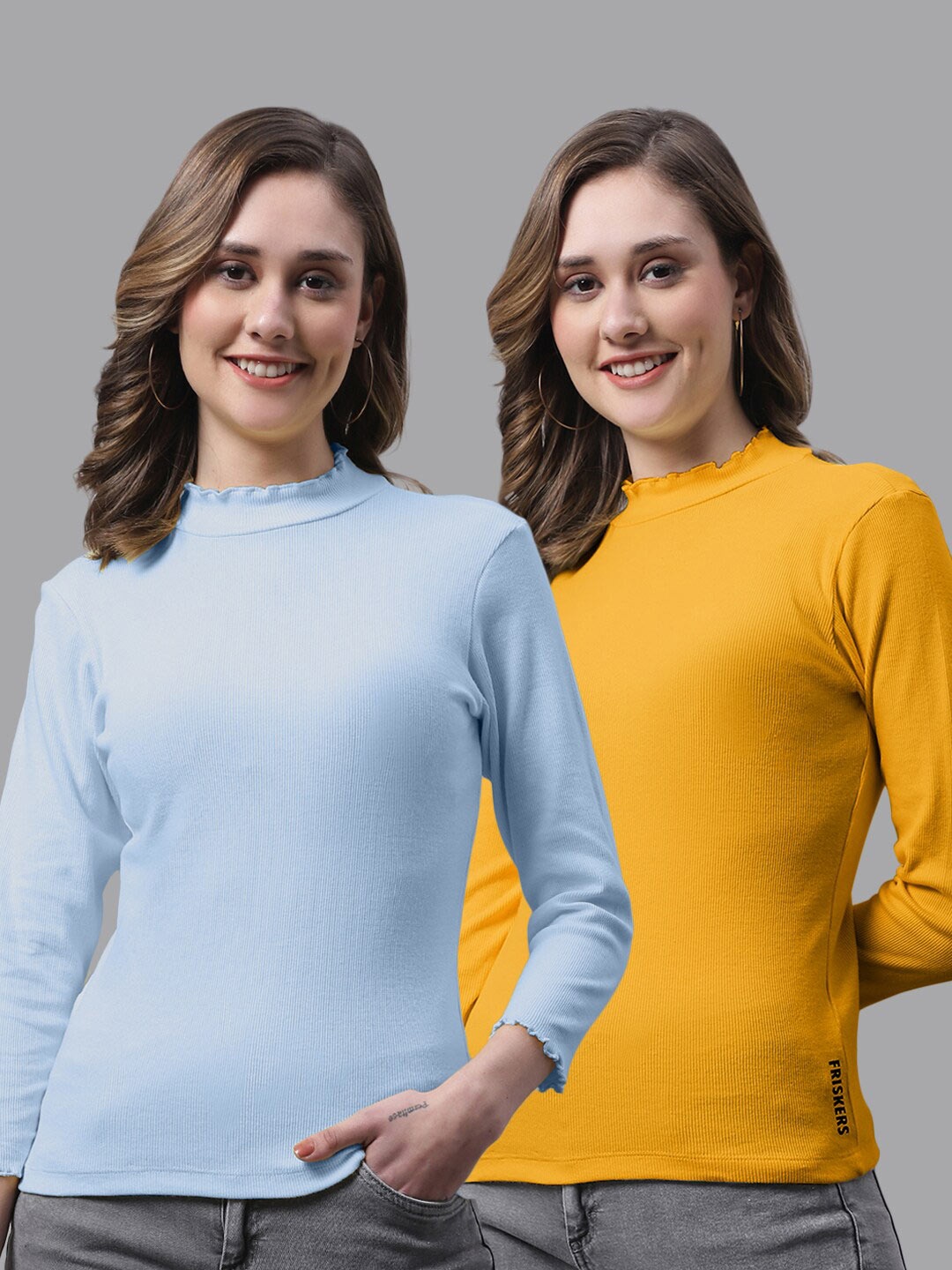 

FBAR Pack Of 2 Ribbed High Neck Bio-Wash Cotton Top, Blue