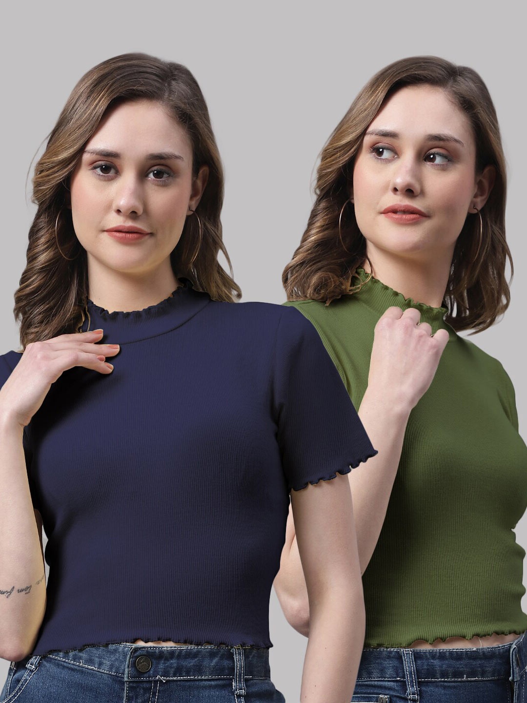 

FBAR Pack Of 2 High Neck Cotton Top, Navy blue