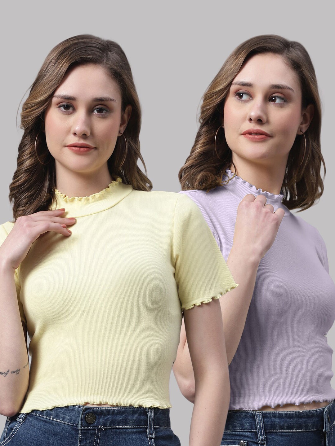

FBAR Pack Of 2 High Neck Bio-Wash Cotton Tops, Yellow