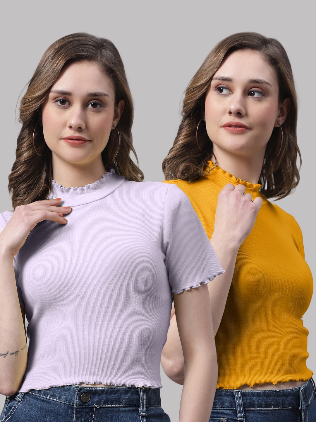 

FBAR Pack Of 2 High Neck Fitted Cotton Crop Tops, Purple