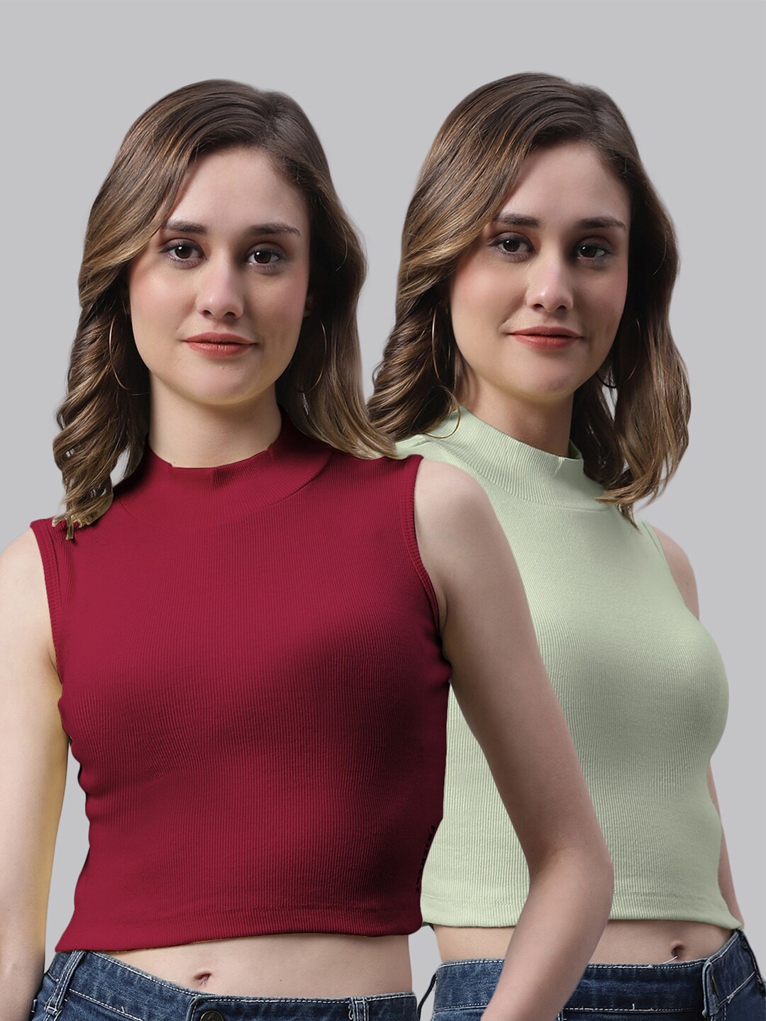 

FBAR Pack Of 2 High Neck Sleeveless Knitted Cotton Crop Fitted Tops, Maroon