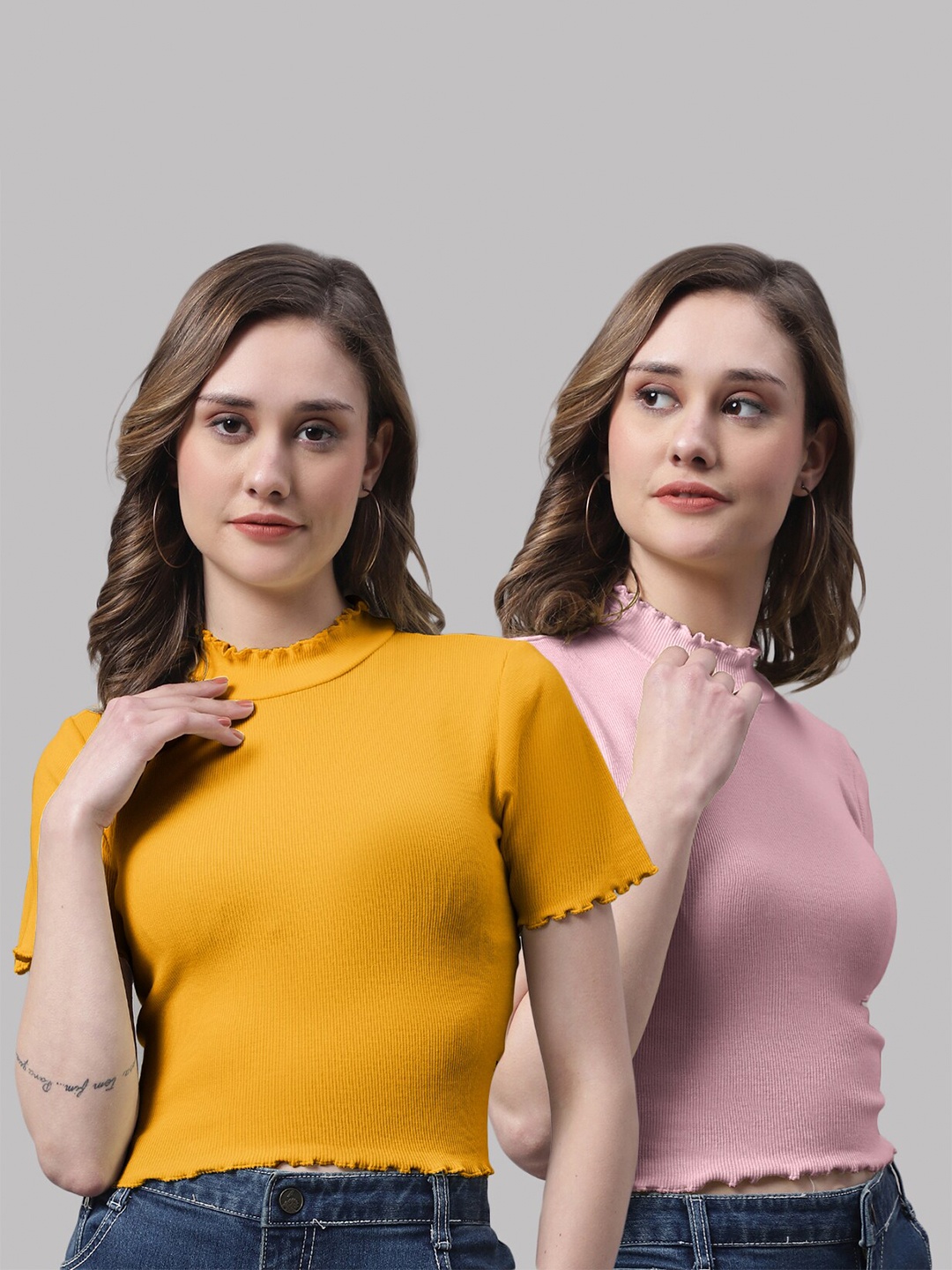 

FBAR Pack of 2 Cotton Fitted Crop Tops, Mustard
