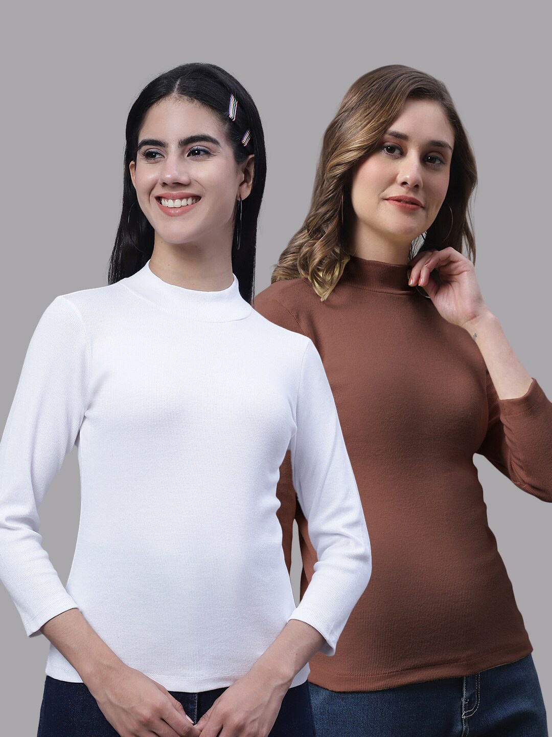 

FBAR Pack Of 2 High Neck Ribbed Fitted Skin Friendly Pure Cotton Tops, White