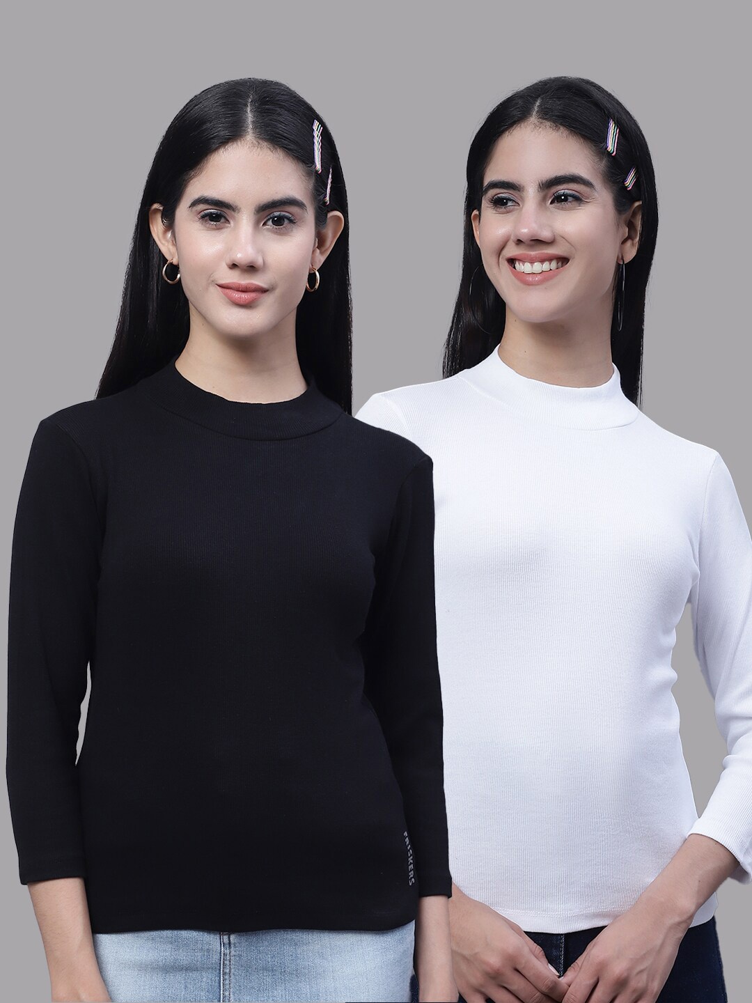 

FBAR Pack of 2 High Neck Cotton Fitted Tops, Black