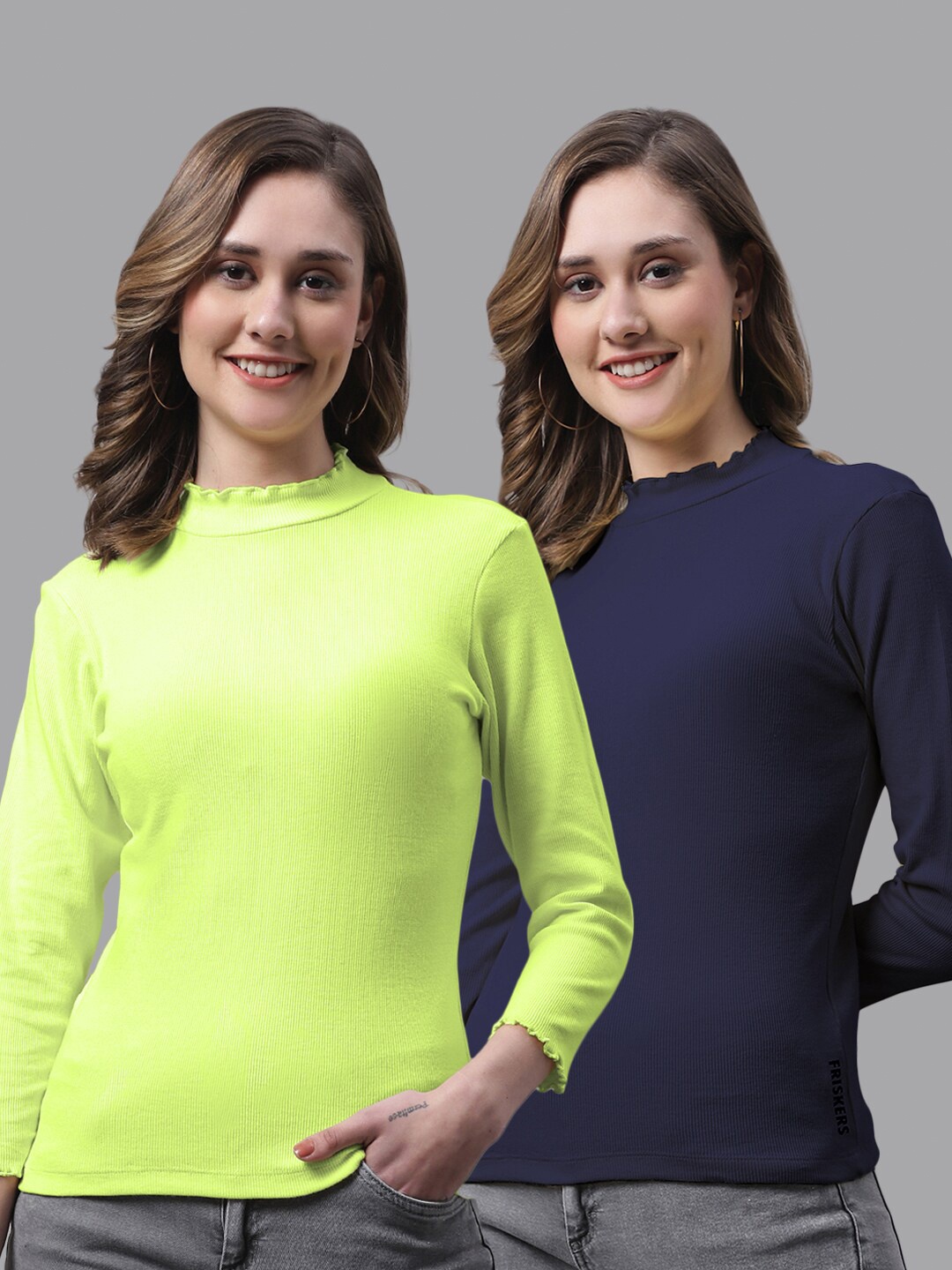 

FBAR Pack Of 2 High Neck Cotton Fitted Top, Fluorescent green