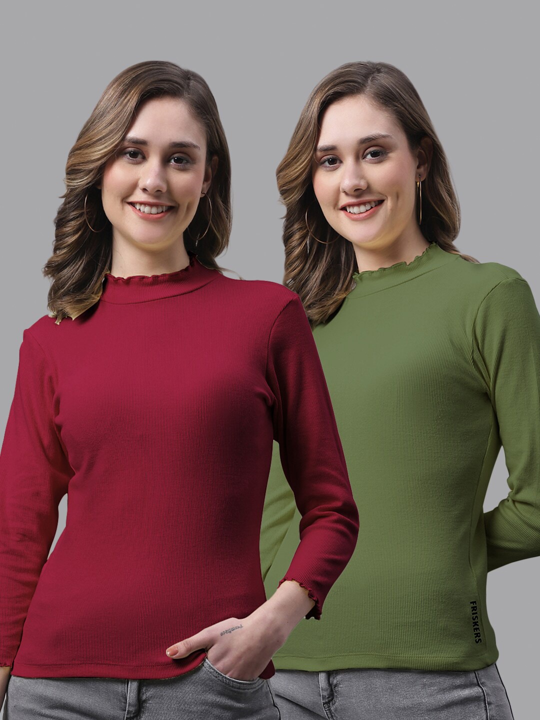 

FBAR Pack of 2 High Neck Cotton Fitted Tops, Maroon