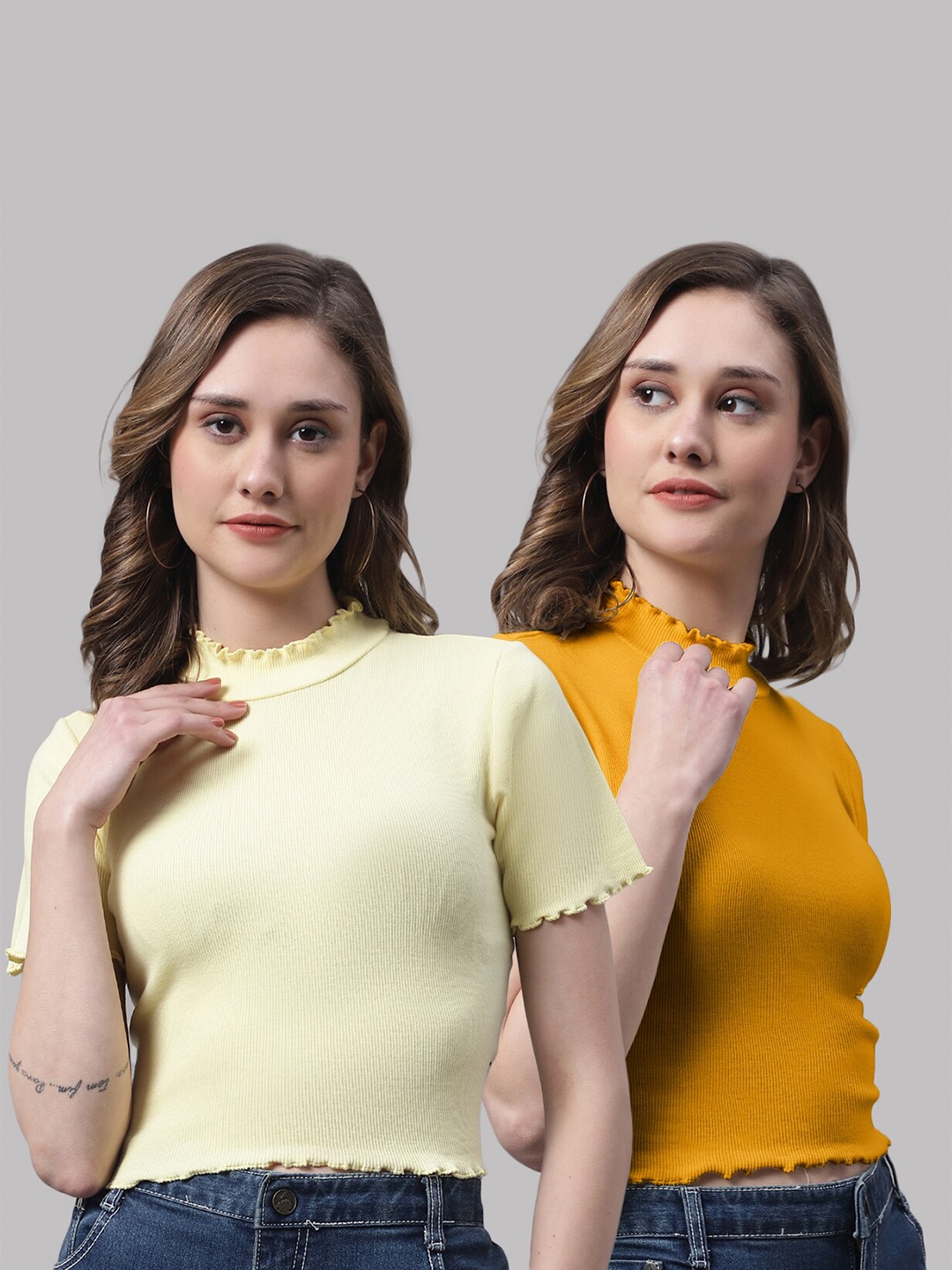 

FBAR Pack Of 2 High Neck Cotton Fitted Top, Yellow
