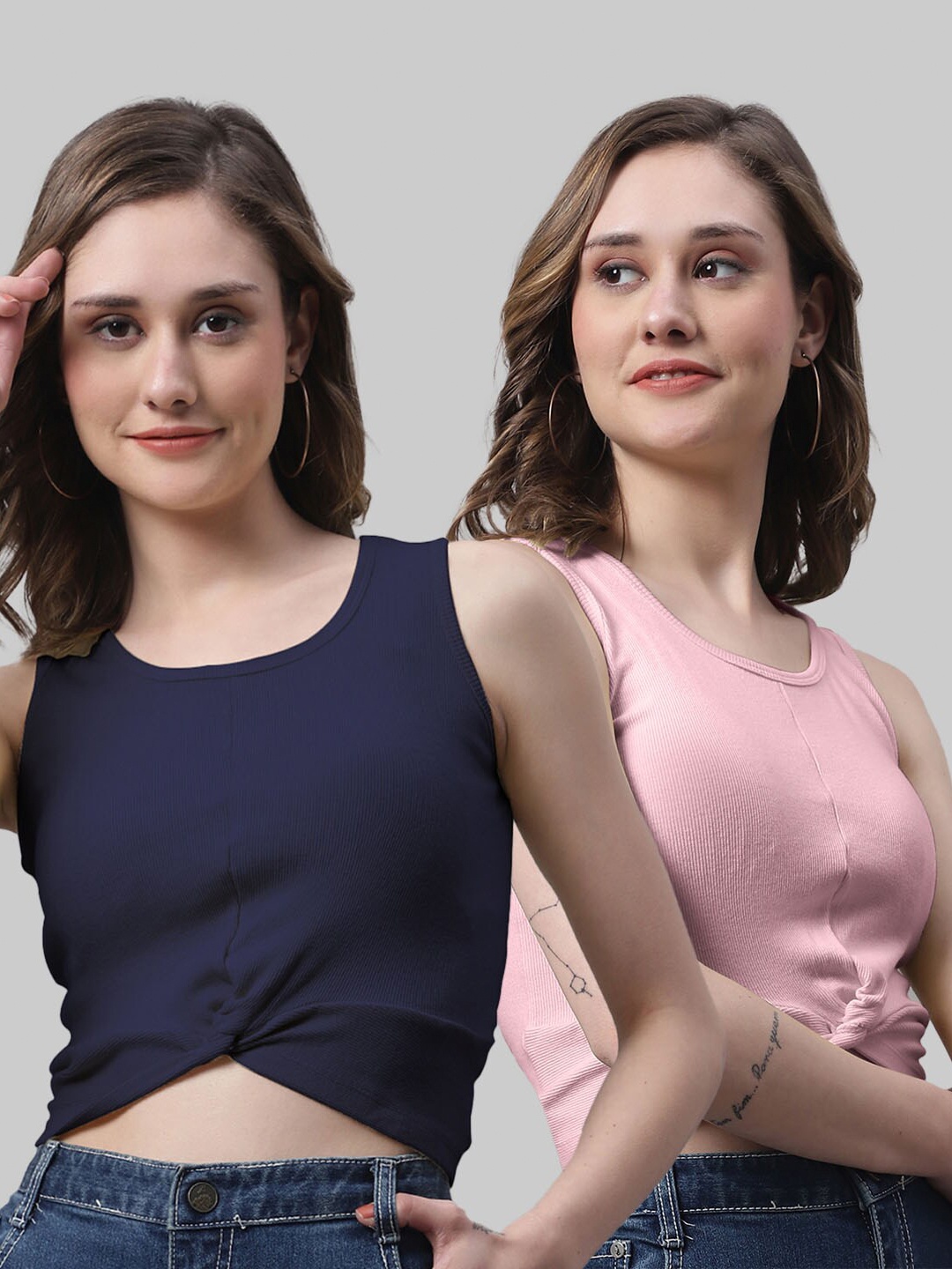 

FBAR Pack Of 2 Twisted Cotton Crop Top, Navy blue