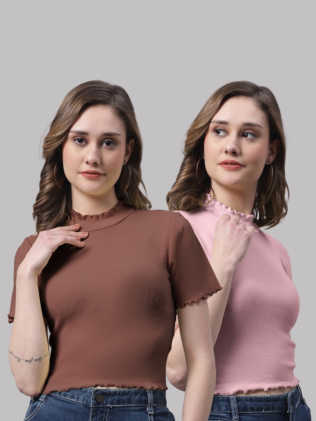 

FBAR Pack Of 2 High Neck Knitted Cotton Crop Fitted Tops, Brown