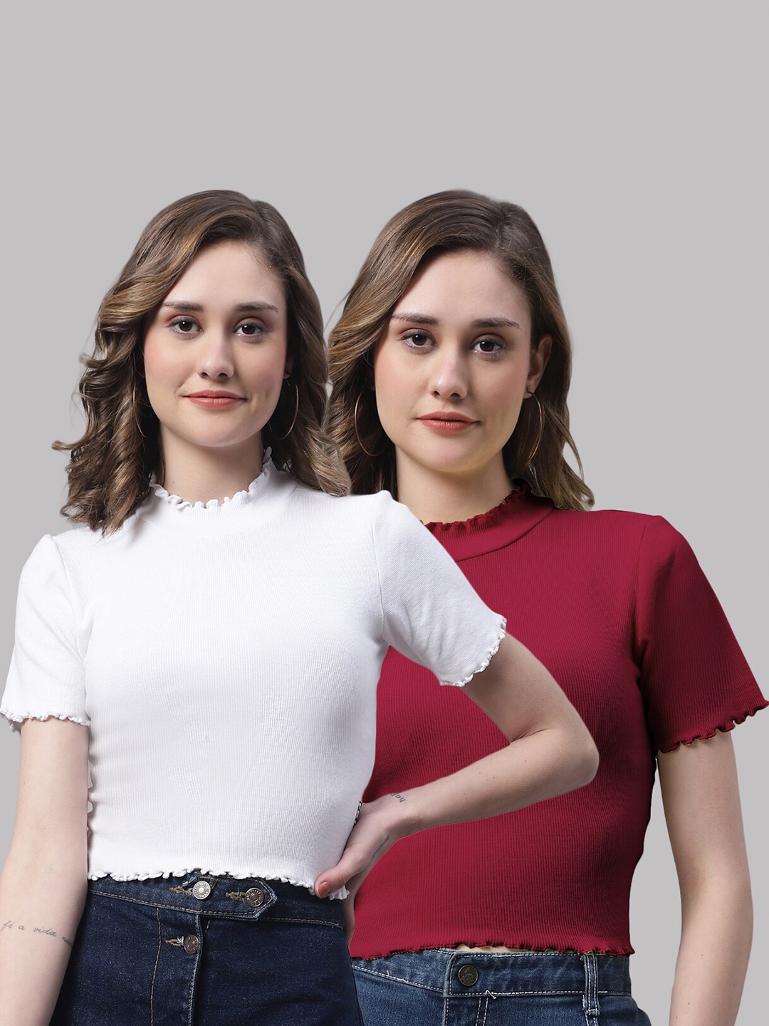 

FBAR Pack Of 2 High Neck Cotton Fitted Top, White