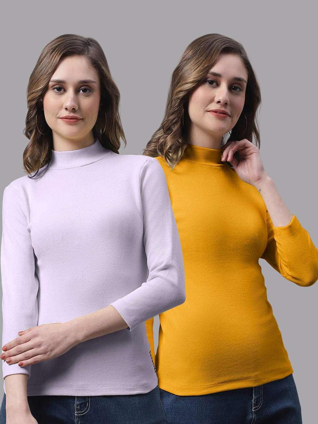 

FBAR Pack Of 2 High Neck Knitted Cotton Fitted Tops, Lavender