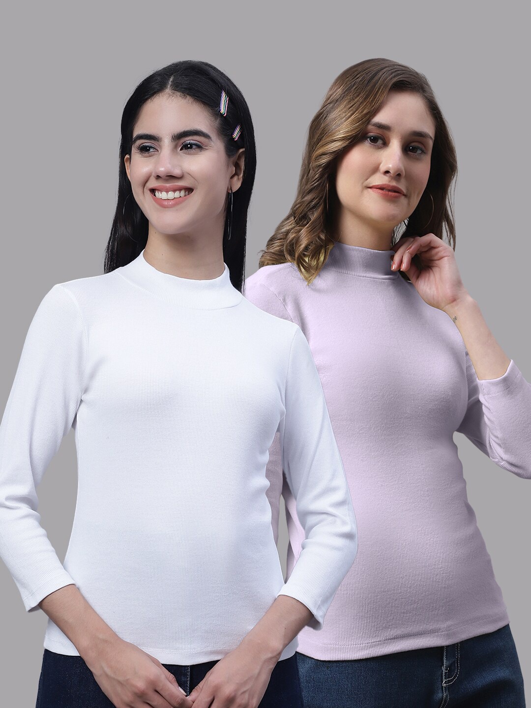 

FBAR Pack of 2 High Neck Cotton Fitted Tops, White