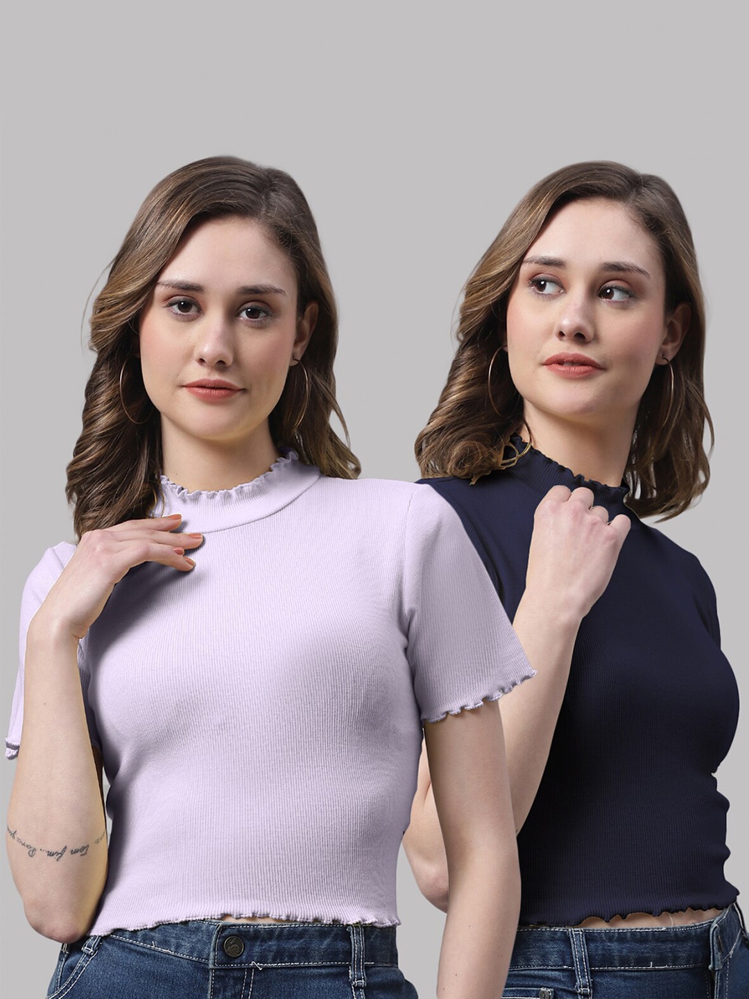 

FBAR Pack Of 2 High Neck Bio-Wash Cotton Tops, Purple