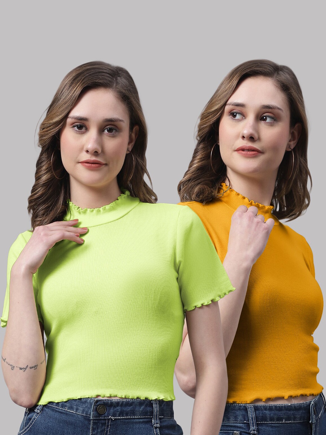 

FBAR Pack Of 2 High Neck Fitted Cotton Crop Tops, Green