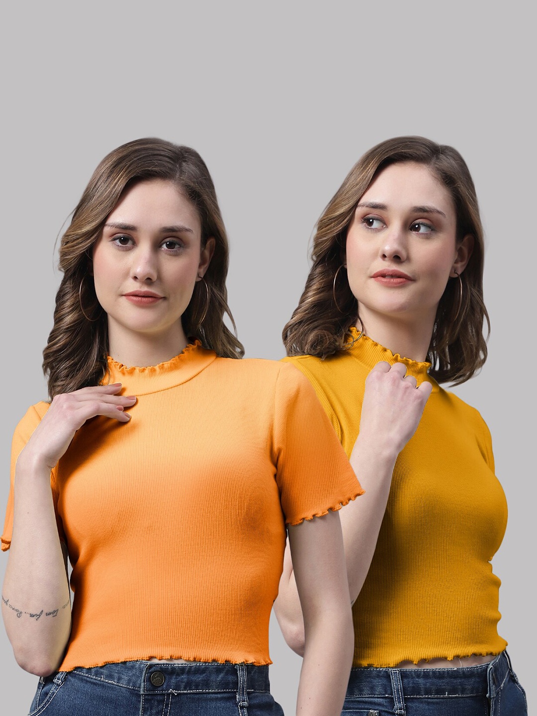 

FBAR Pack of 2 High Neck Cotton Fitted Crop Tops, Orange