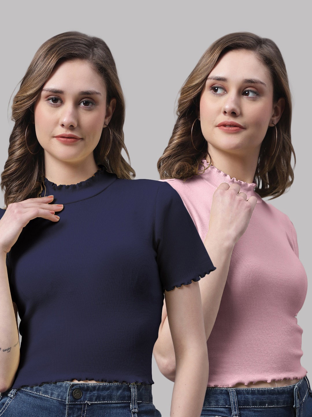 

FBAR Pack Of 2 Ribbed High Neck Bio-Wash Cotton Top, Navy blue