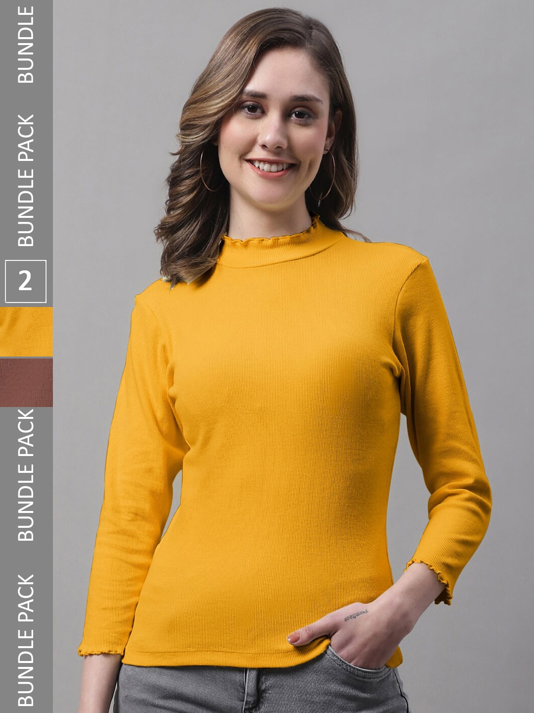 

FBAR Pack Of 2 High Neck Cotton Rib Top, Brown