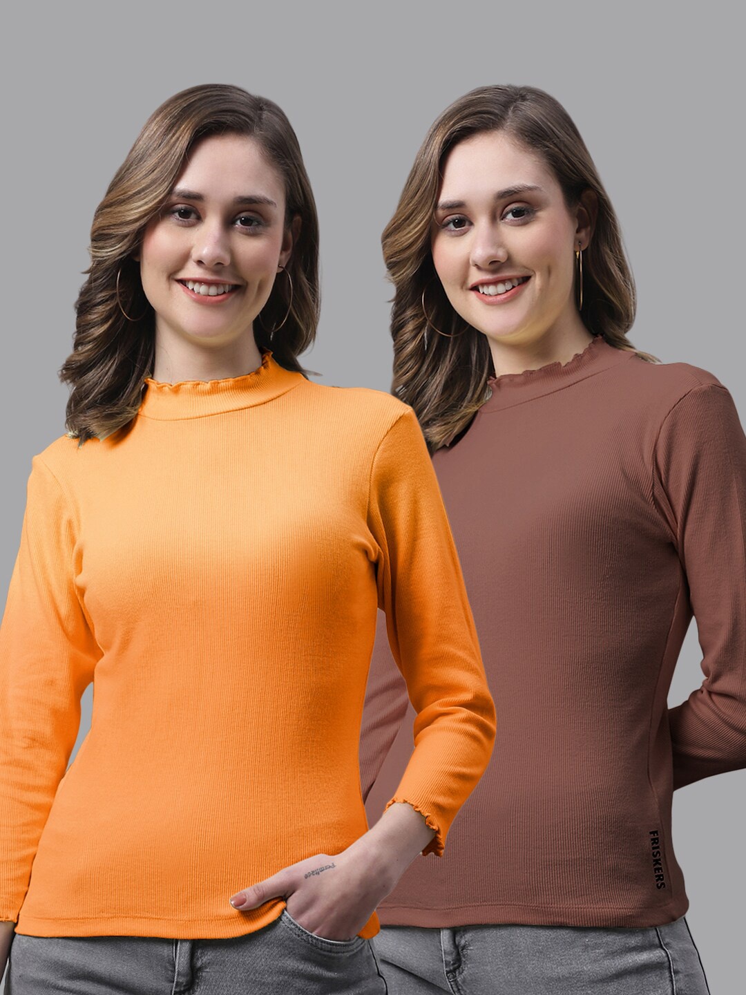 

FBAR Pack Of 2 High Neck Bio-Wash Pure Cotton Top, Orange