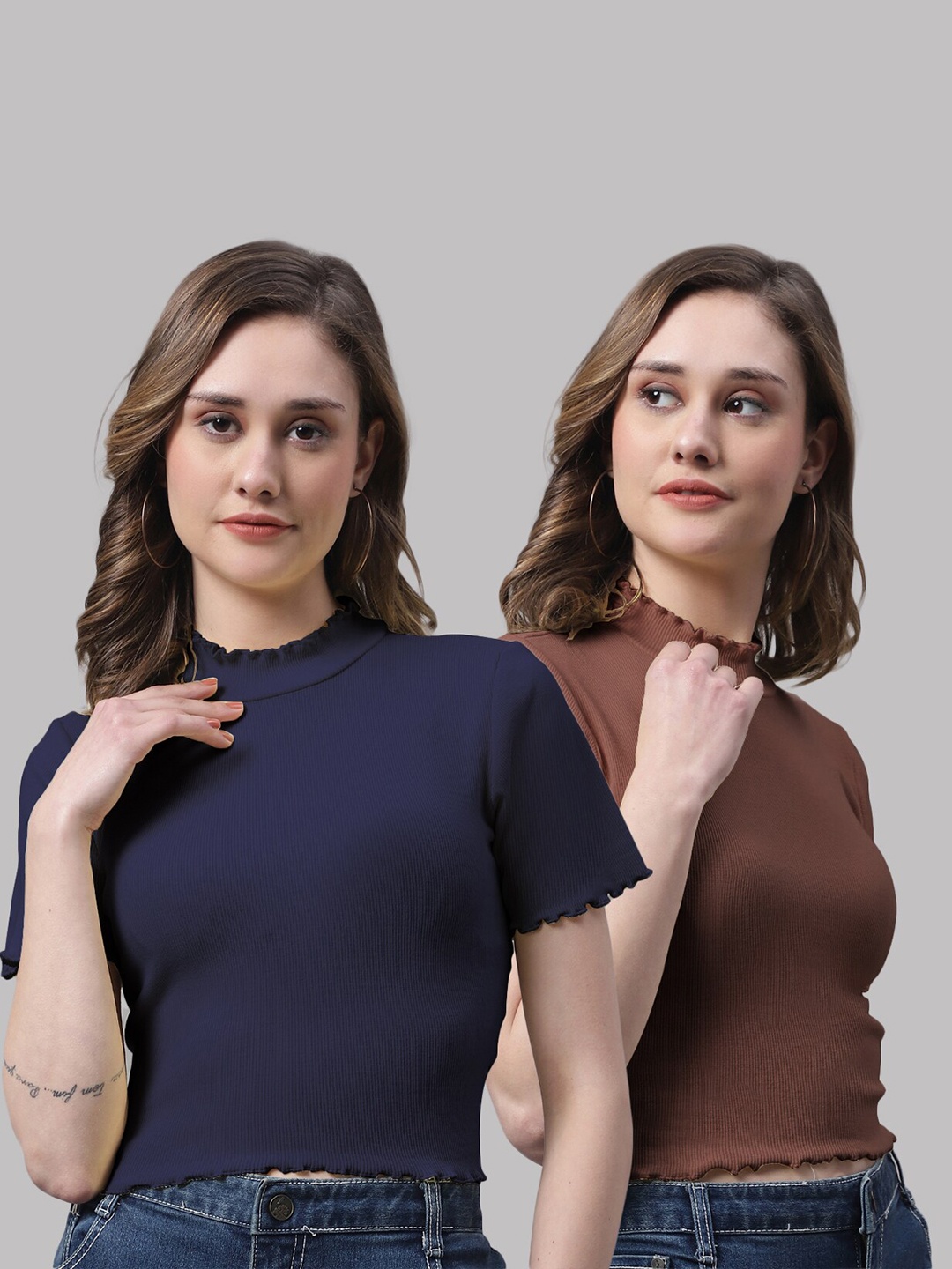 

FBAR Pack Of 2 Ribbed High Neck Bio-Wash Cotton Top, Navy blue