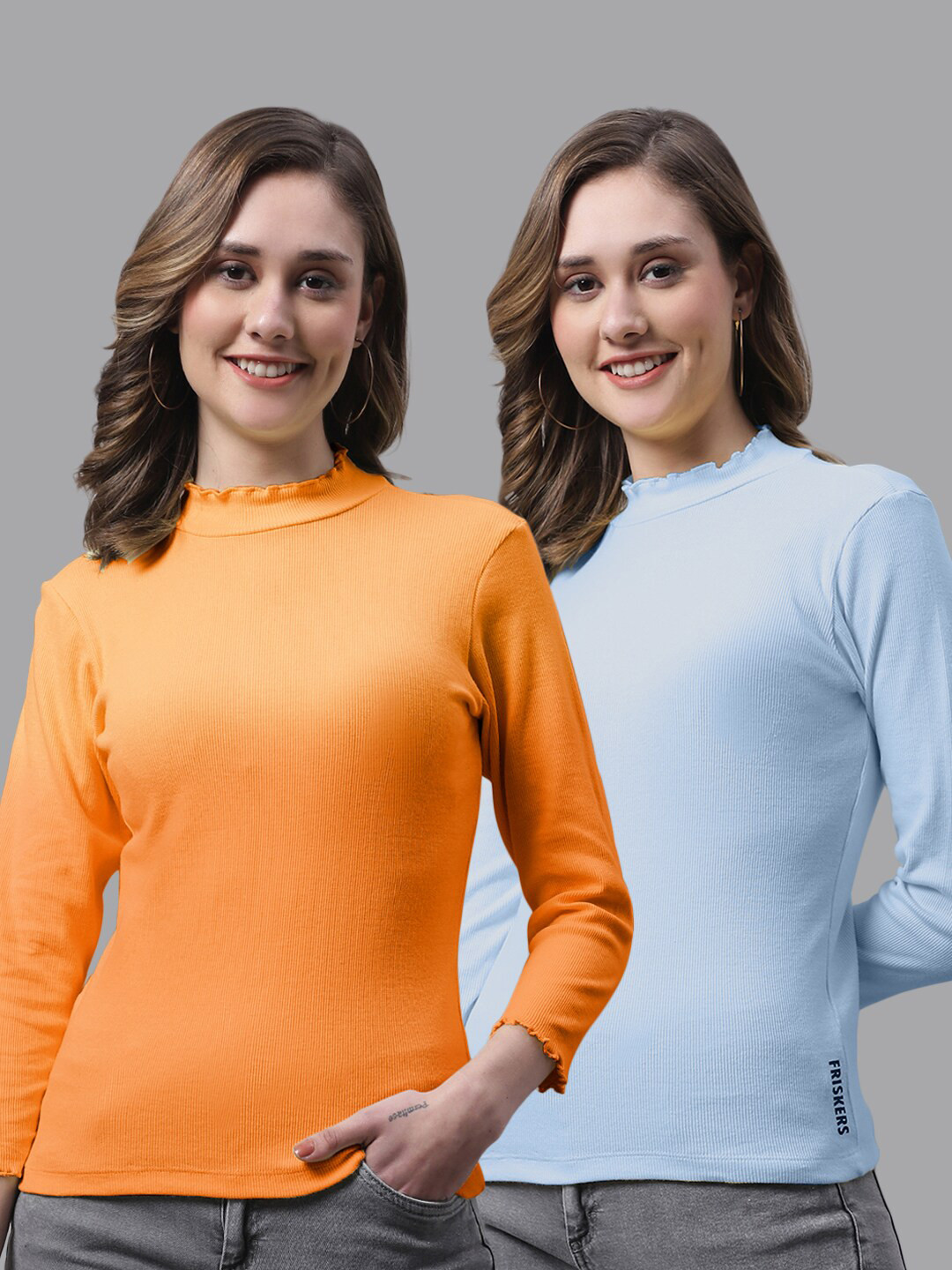 

FBAR Pack Of 2 High Neck Bio-Wash Pure Cotton Top, Orange