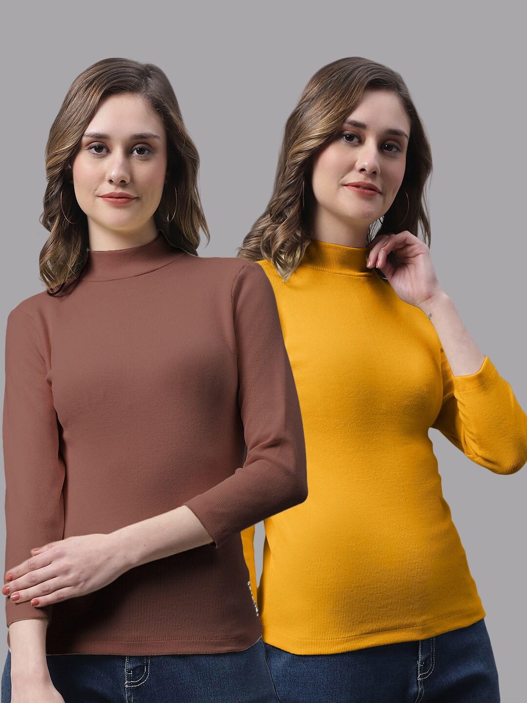 

FBAR Pack Of 2 High Neck Bio-Wash Pure Cotton Top, Brown
