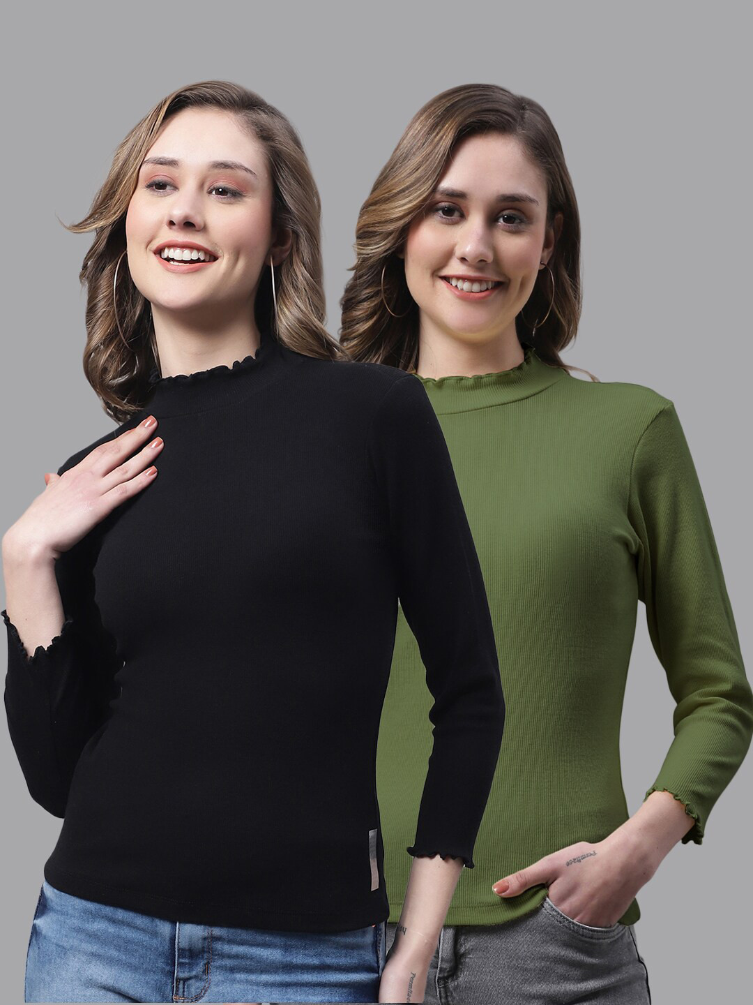 

FBAR Pack Of 2 High Neck Cotton Fitted Top, Black