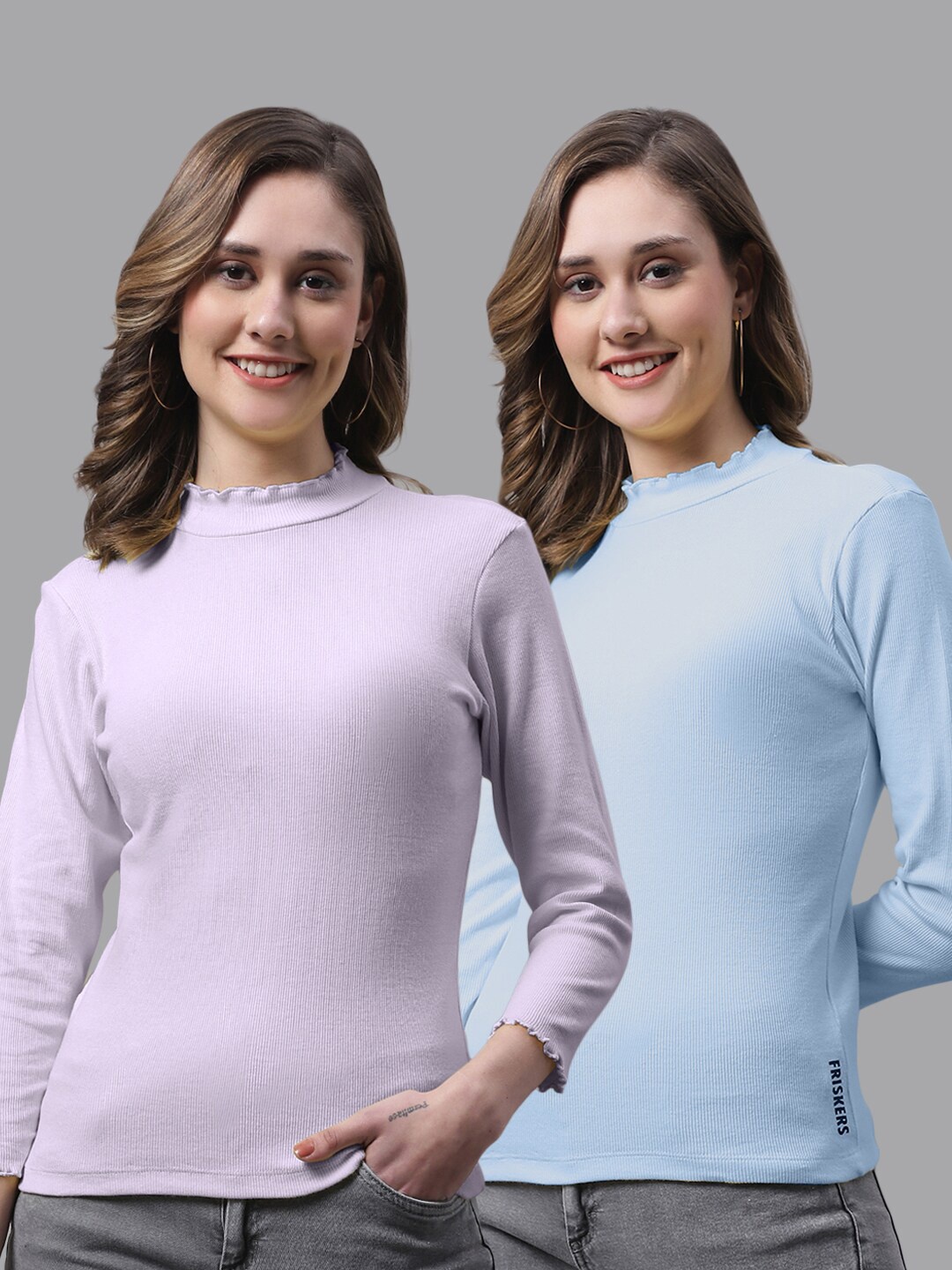 

FBAR Pack Of 2 Ribbed High Neck Bio-Wash Cotton Top, Lavender
