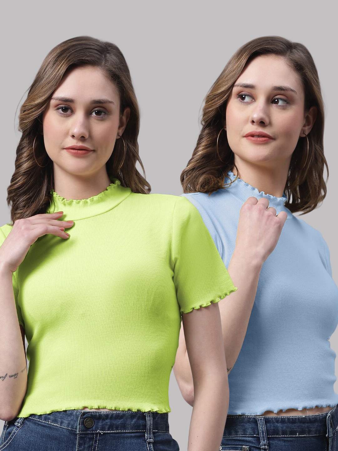 

FBAR Pack Of 2 Ribbed High Neck Bio-Wash Cotton Top, Lime green