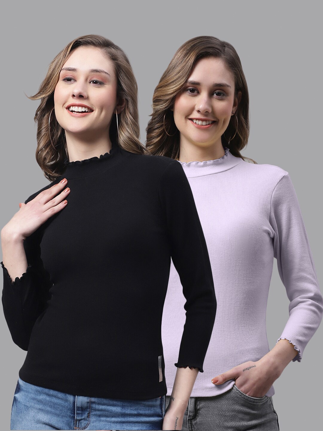 

FBAR Pack Of 2 High Neck Cotton Fitted Top, Black