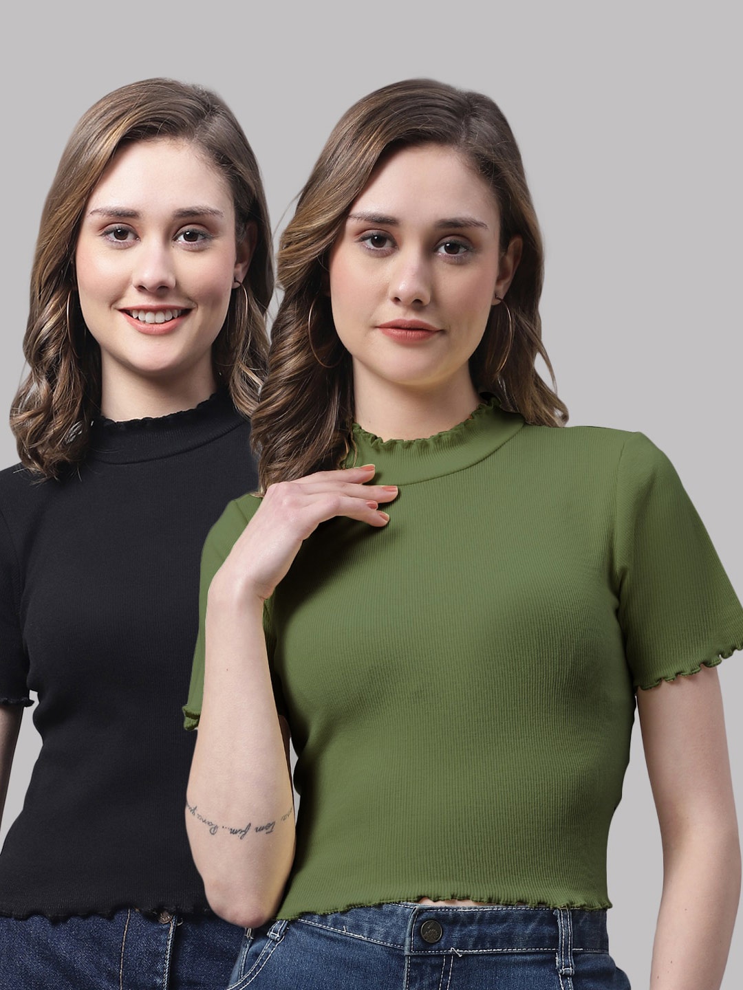 

FBAR Pack of 2 High Neck Cotton Fitted Crop Tops, Black