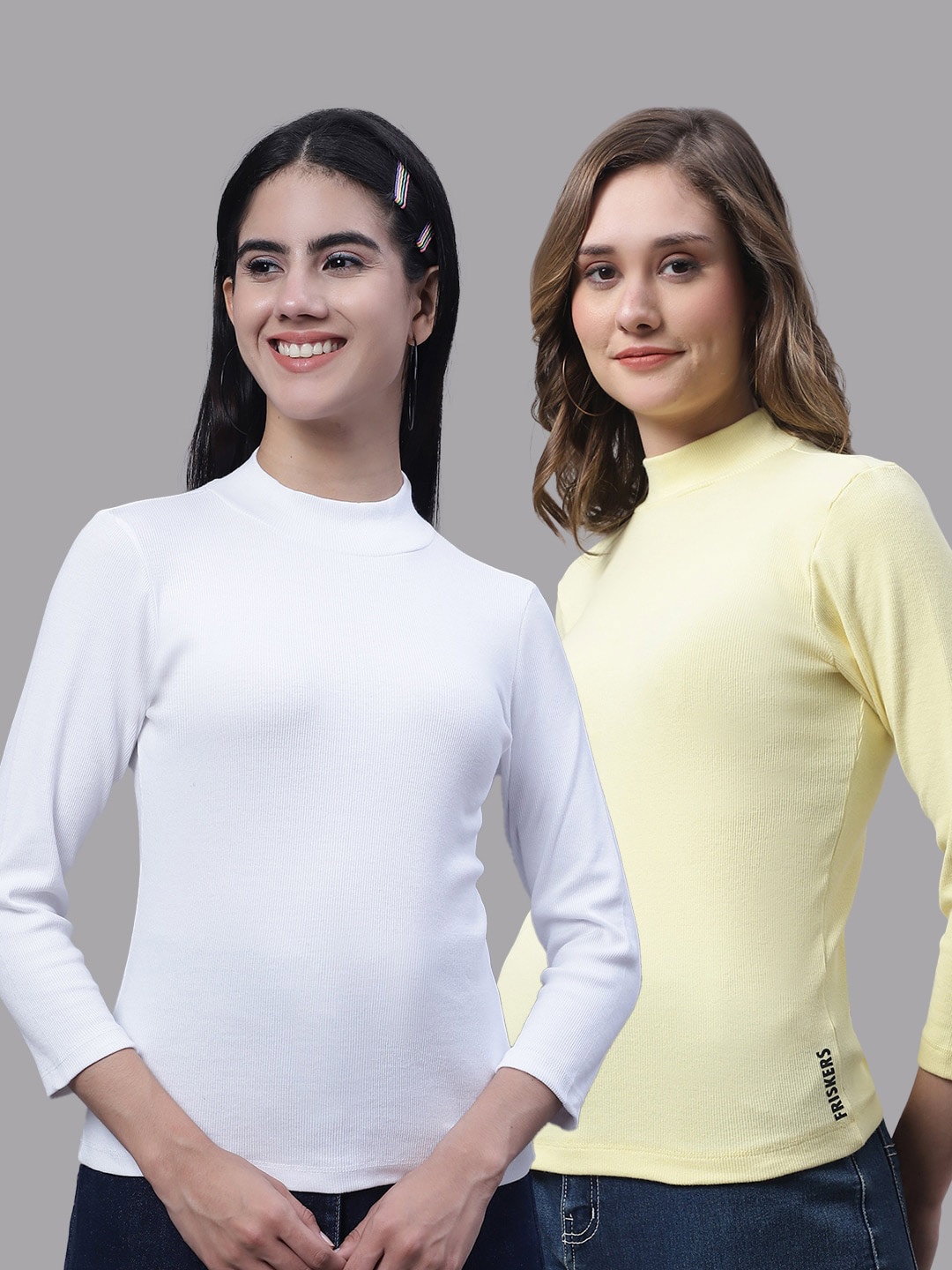 

FBAR Pack Of 2 High Neck Ribbed Fitted Skin Friendly Pure Cotton Tops, White