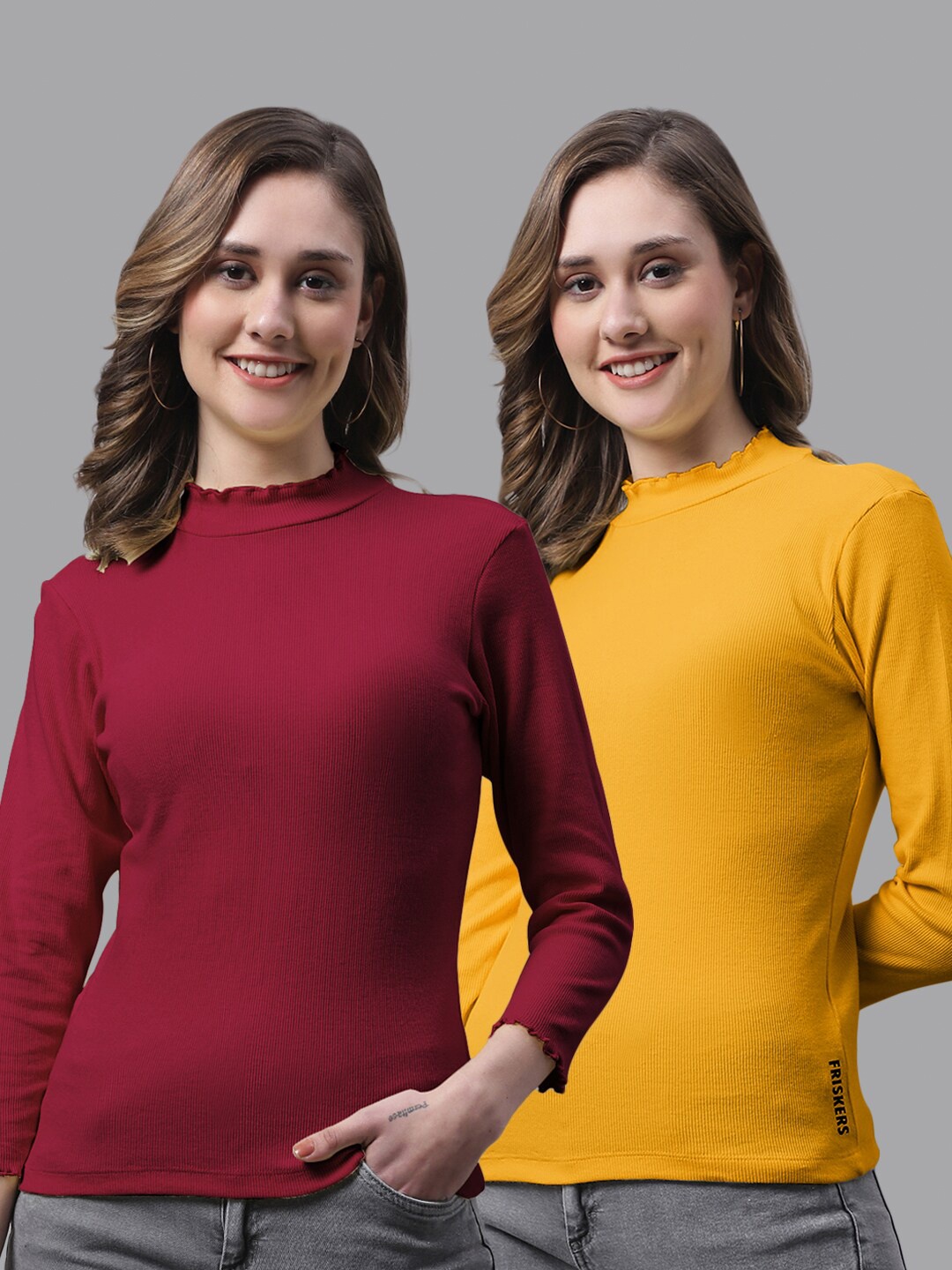 

FBAR Pack Of 2 High Neck Bio-Wash Cotton Tops, Maroon