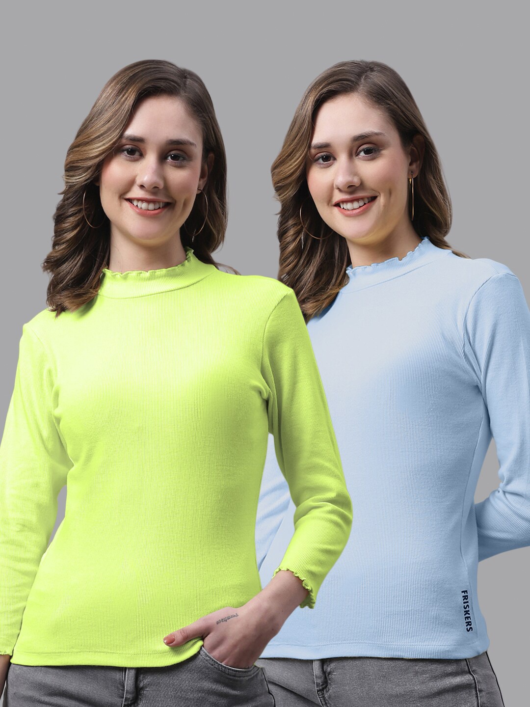 

FBAR Pack Of 2 High Neck Cotton Fitted Top, Green
